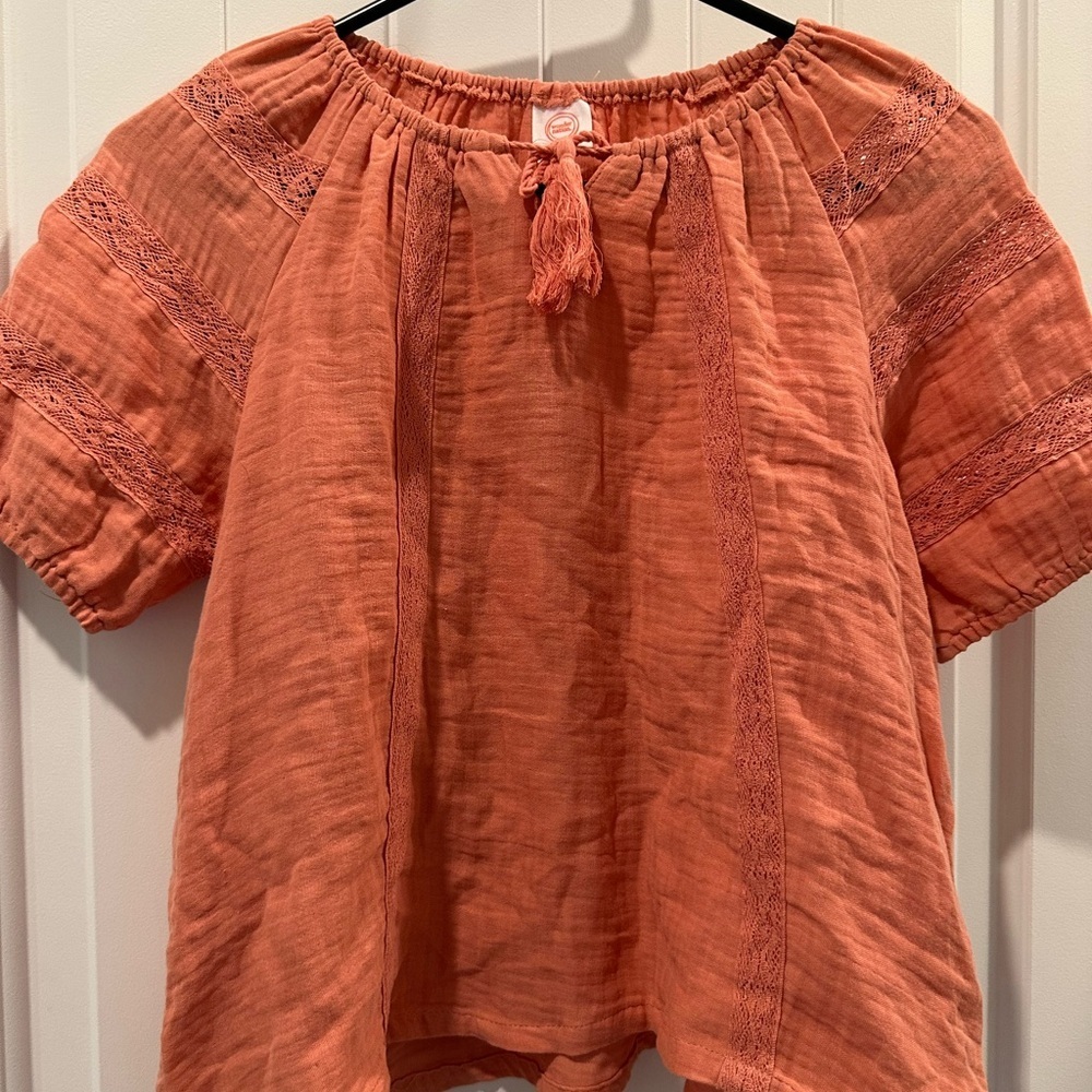 Wonder Nation Orange Puff Sleeve Blouse with Tie Front